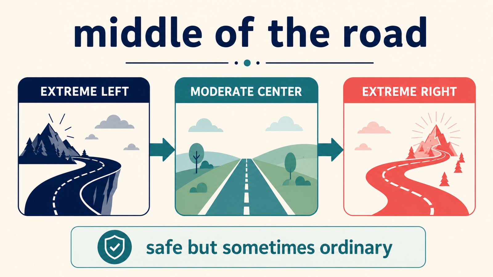middle of the roadの意味とニュアンスを図解したイラスト