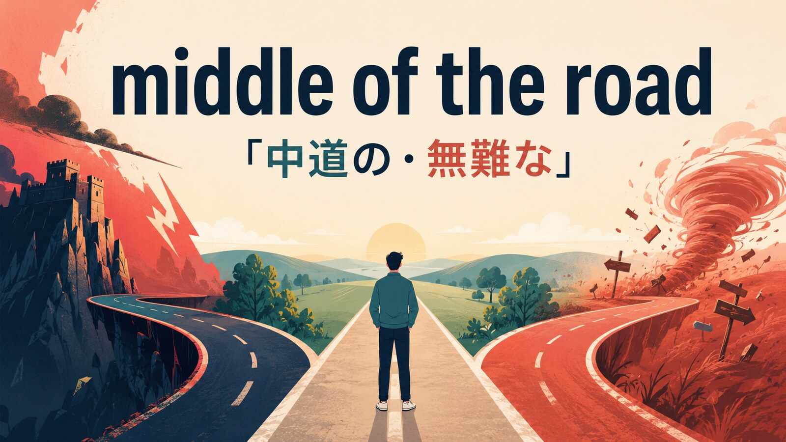 middle of the roadの意味・使い方を解説するアイキャッチ画像