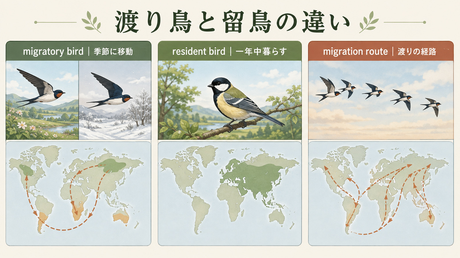 migratory birdとresident birdとmigration routeの違い