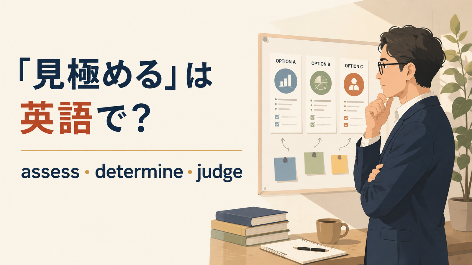 「見極める」の英語表現と使い分けを解説するアイキャッチ