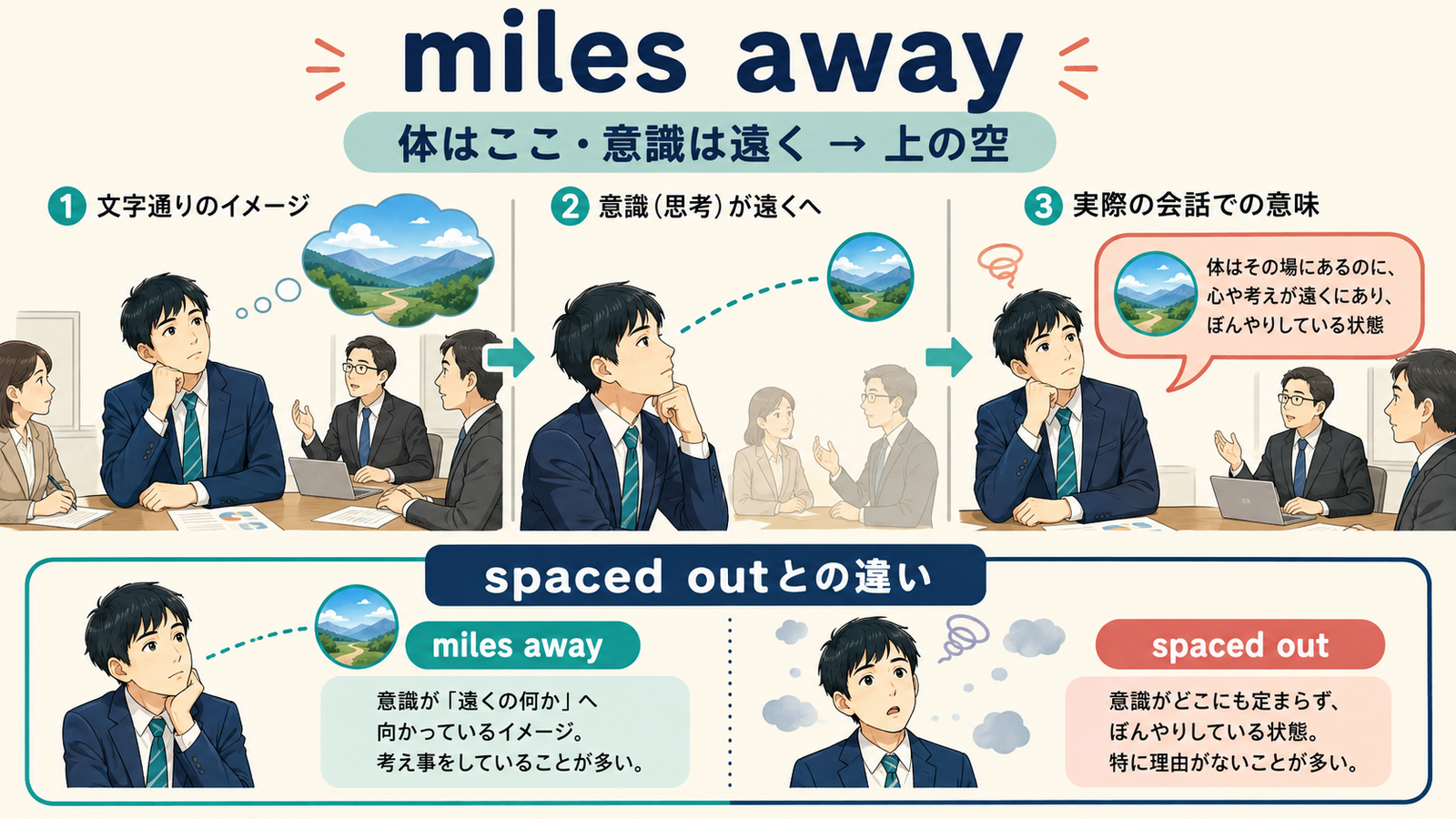 miles awayの直訳イメージと会話での意味を比較する解説イラスト
