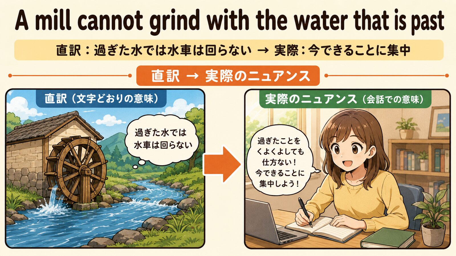 A mill cannot grind with the water that is pastの直訳と実際のニュアンスを説明する図