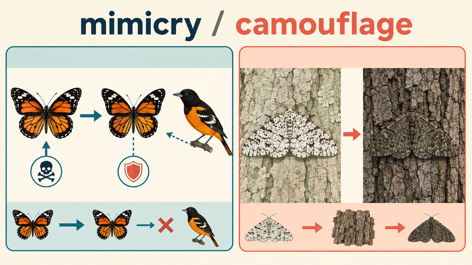 擬態mimicryと保護色camouflageの違いを示す比較図