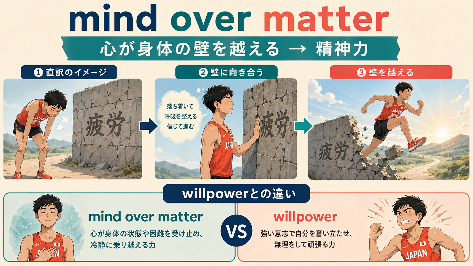 mind over matterの直訳イメージと会話での意味を比較する解説イラスト