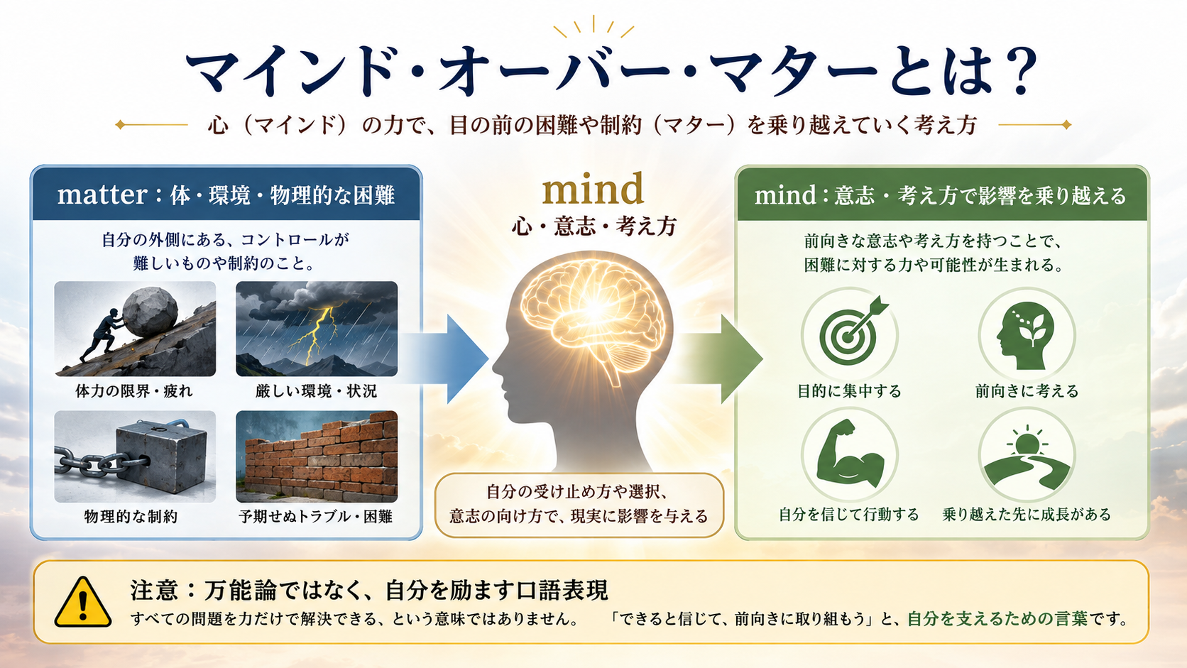mind over matterの直訳と実際のニュアンスを示す図解