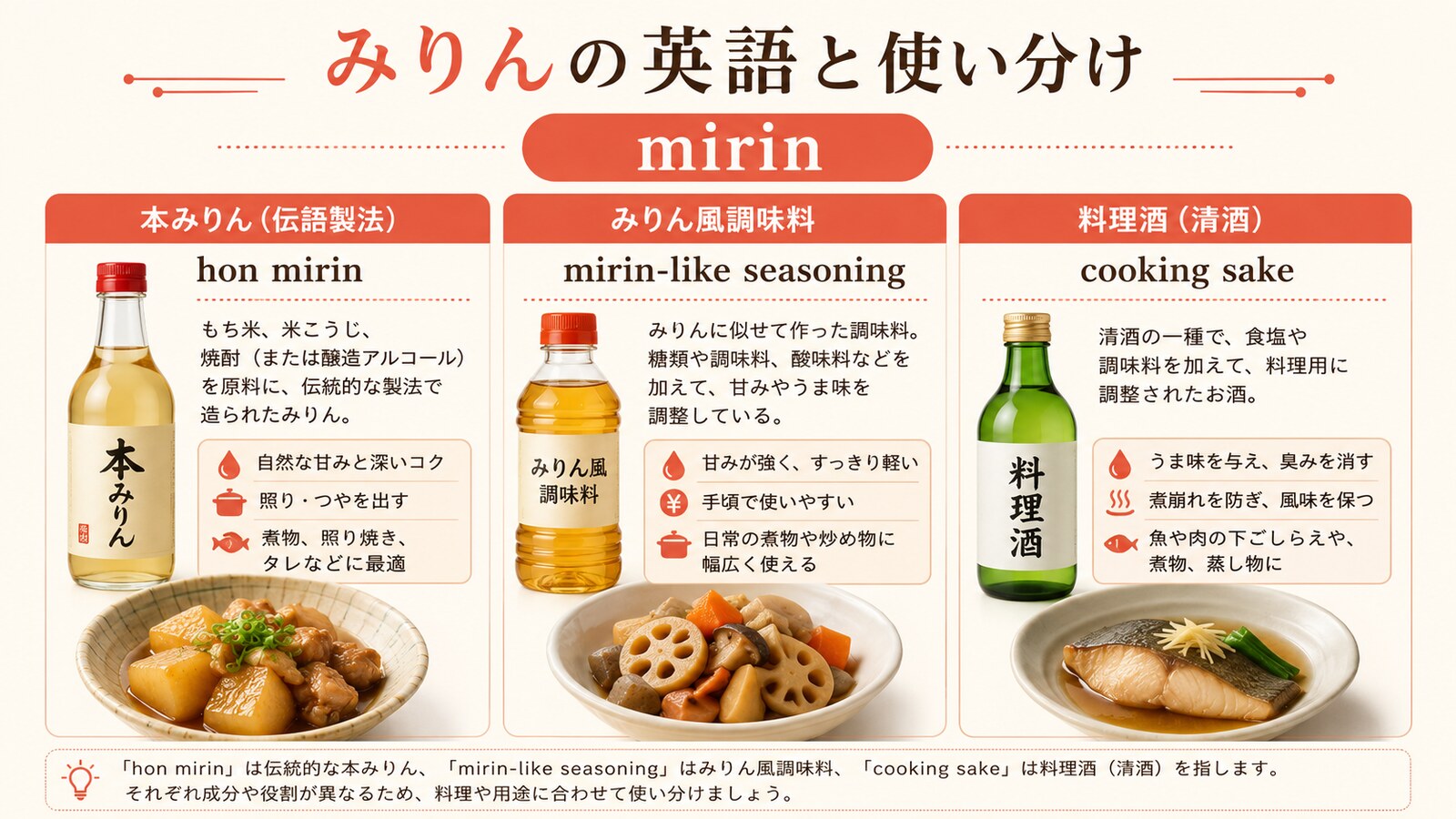みりんの英語名と種類の違いを示す解説画像