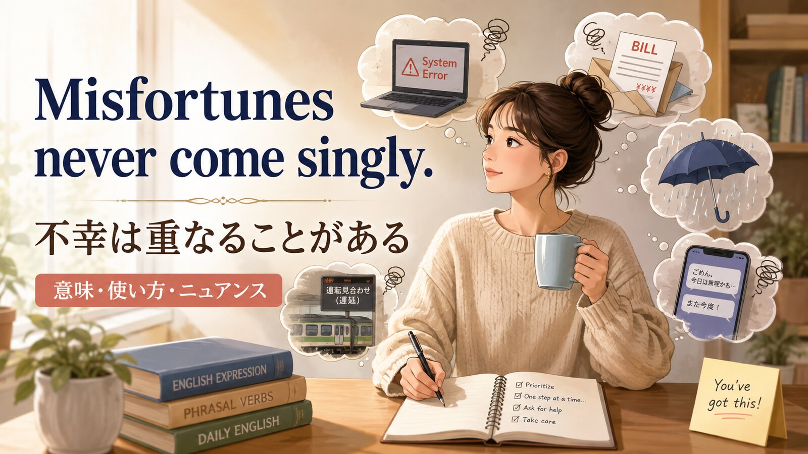 Misfortunes never come singly.の意味・使い方・ニュアンス｜例文と簡単な言い換え