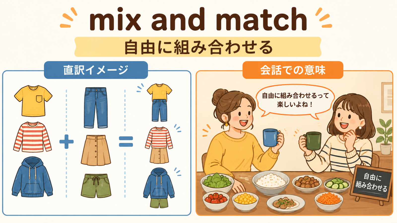 mix and matchの直訳イメージと「複数の物を自由に組み合わせる」を比較する解説イラスト
