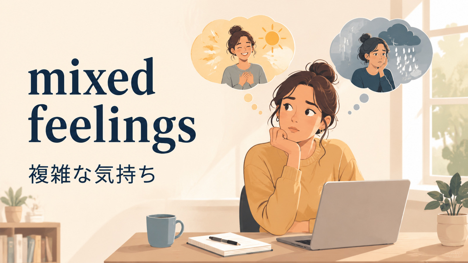 mixed feelingsの意味「相反する気持ちが同時にある・複雑な心境」を解説するアイキャッチ画像