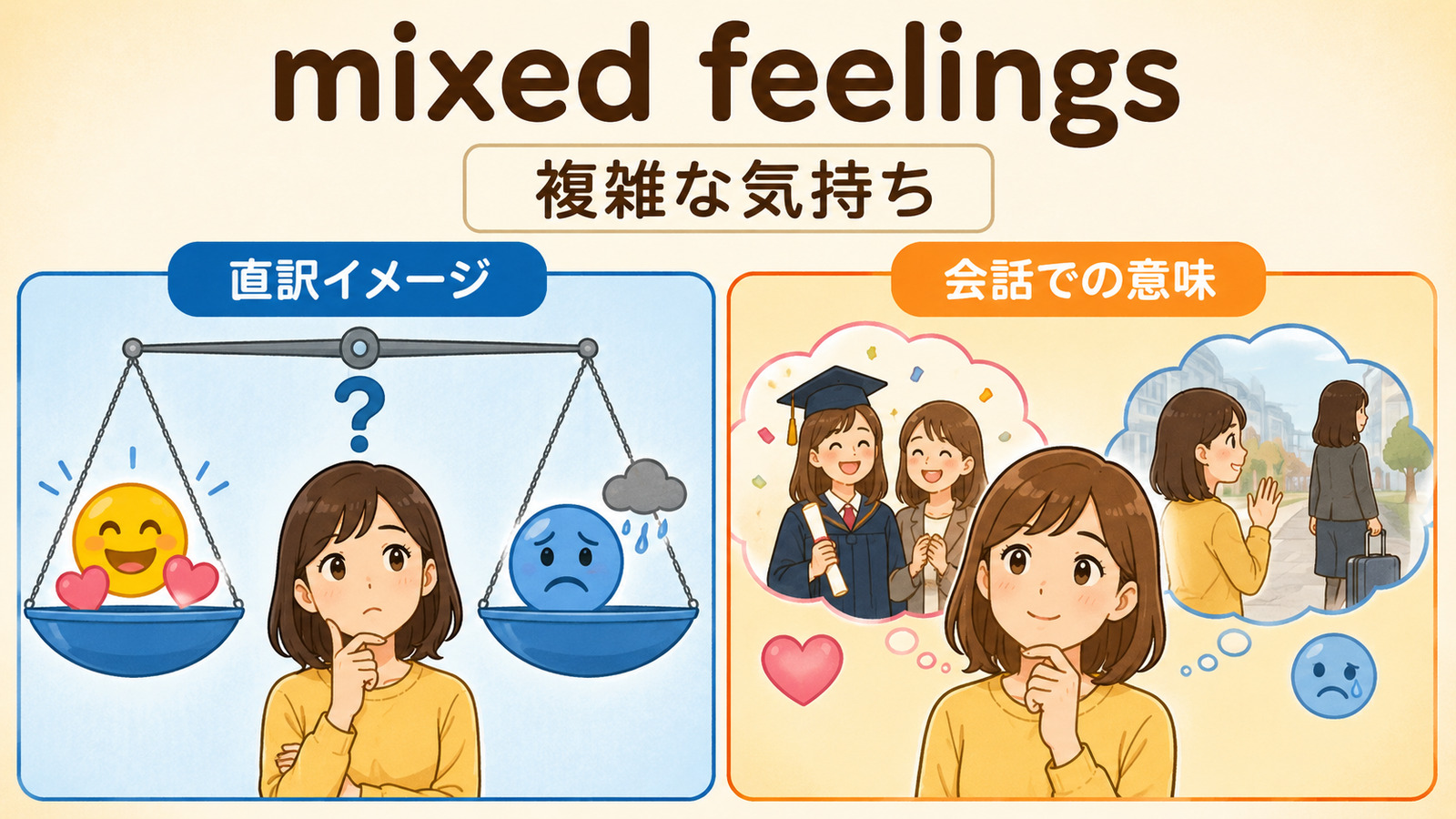 mixed feelingsの直訳イメージと「相反する気持ちが同時にある・複雑な心境」を比較する解説イラスト