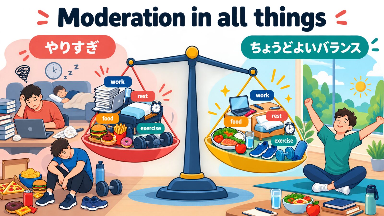 Moderation in all things の直訳と実際のニュアンスを示す解説イラスト
