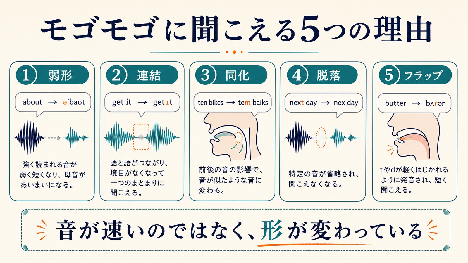 英語の弱形・連結・同化・脱落・フラップを示す図解