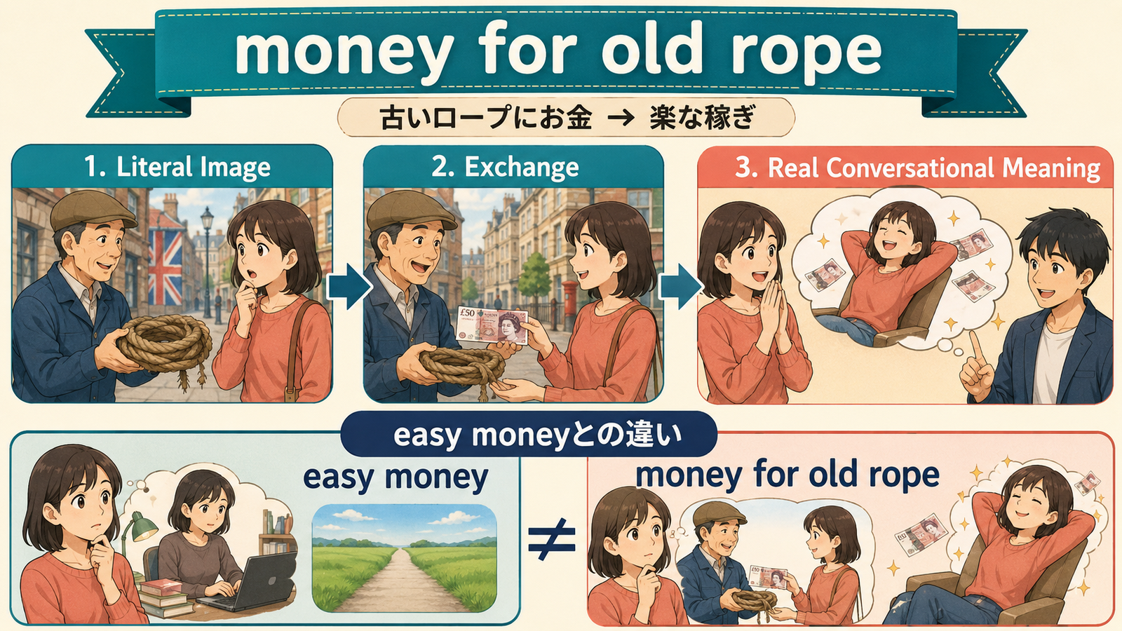 money for old ropeの直訳イメージと会話での意味を比較する解説イラスト