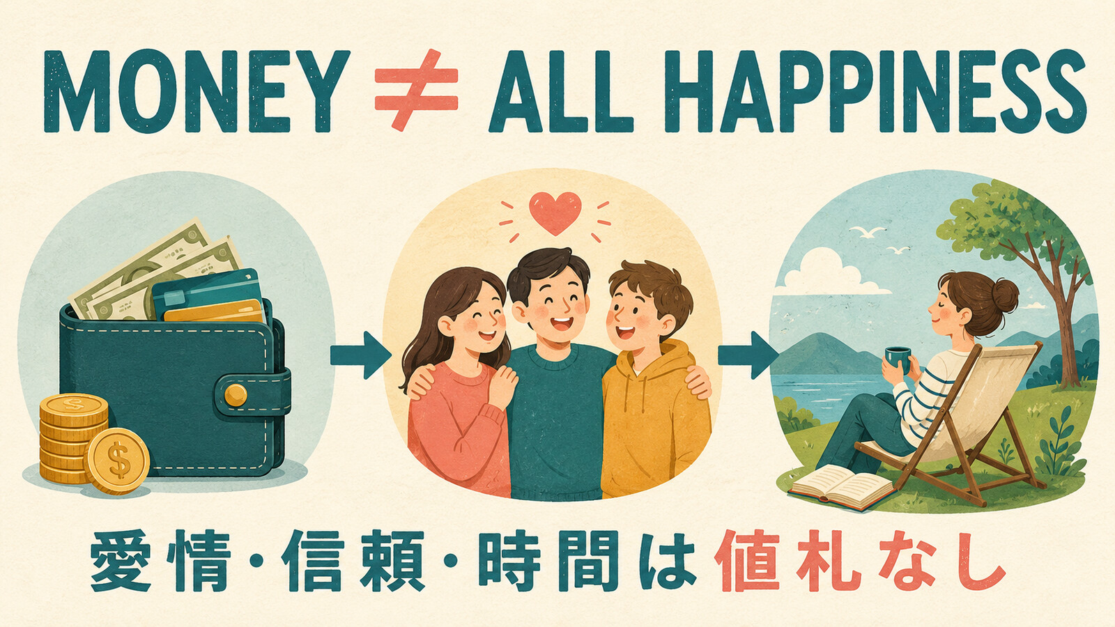 Money can't buy happiness.の直訳と実際の意味を比較する解説イラスト