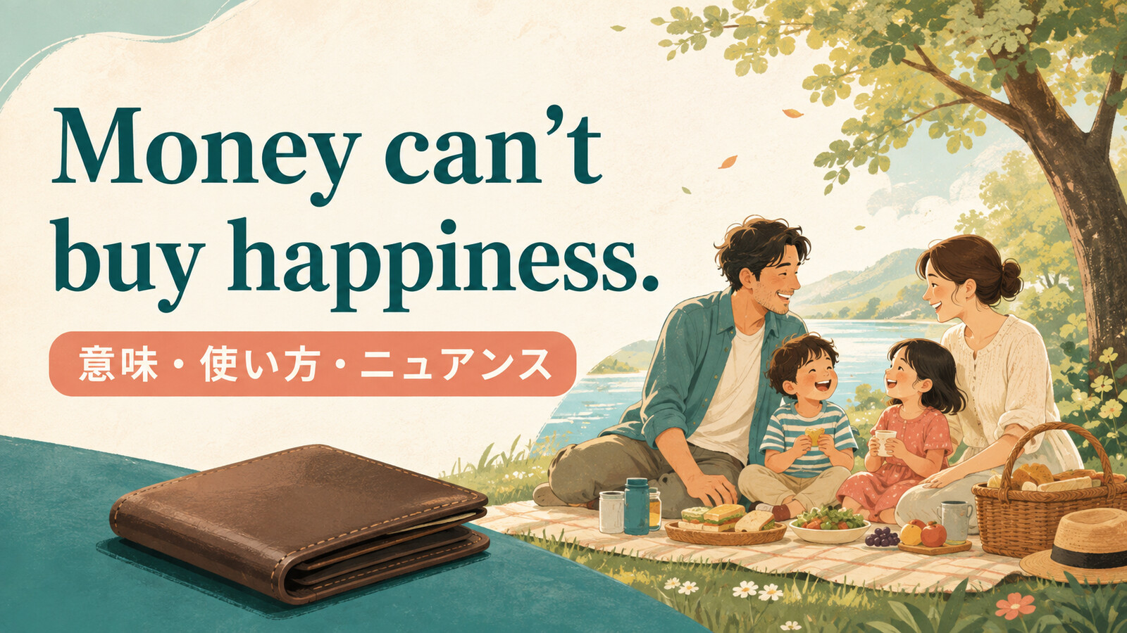 Money can't buy happiness.の意味・使い方・ニュアンスを解説するアイキャッチ画像