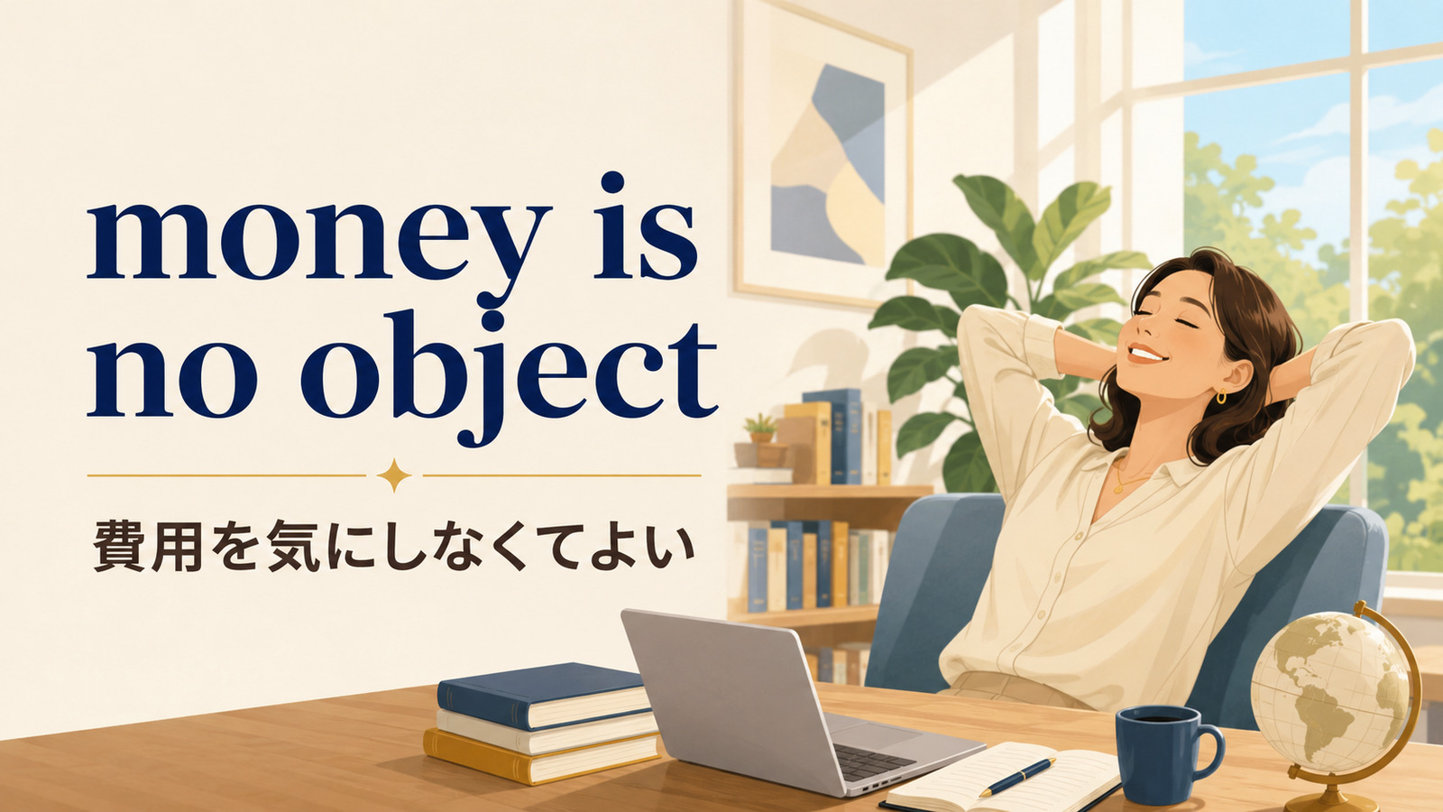 money is no objectの直訳イメージと「費用を気にしなくてよい・お金に糸目をつけない」を比較する解説イラスト