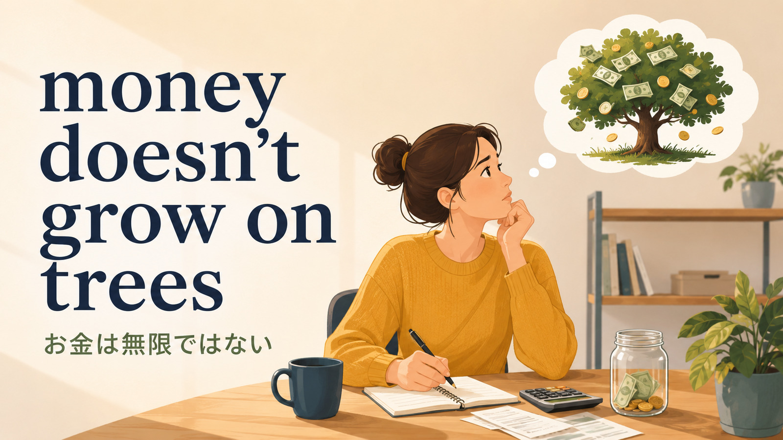money doesn’t grow on treesの意味「お金は無限ではない・簡単には手に入らない」を解説するアイキャッチ画像