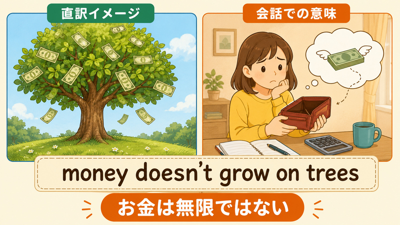 money doesn’t grow on treesの直訳イメージと「お金は無限ではない・簡単には手に入らない」を比較する解説イラスト