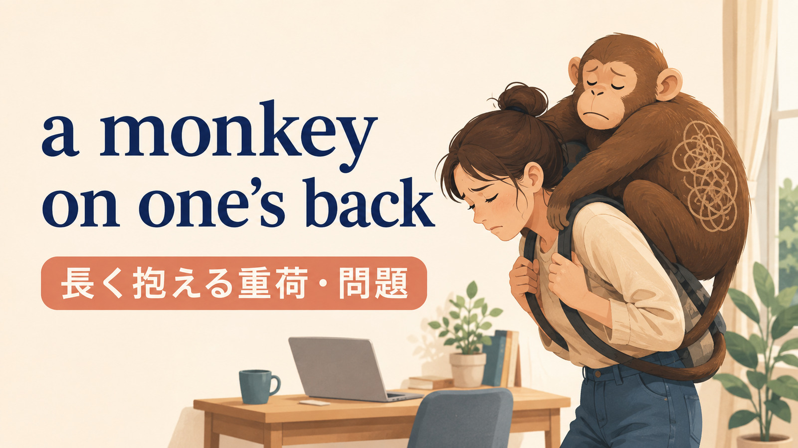 a monkey on one’s backの意味は？使い方・ニュアンス・例文と簡単な言い換え
