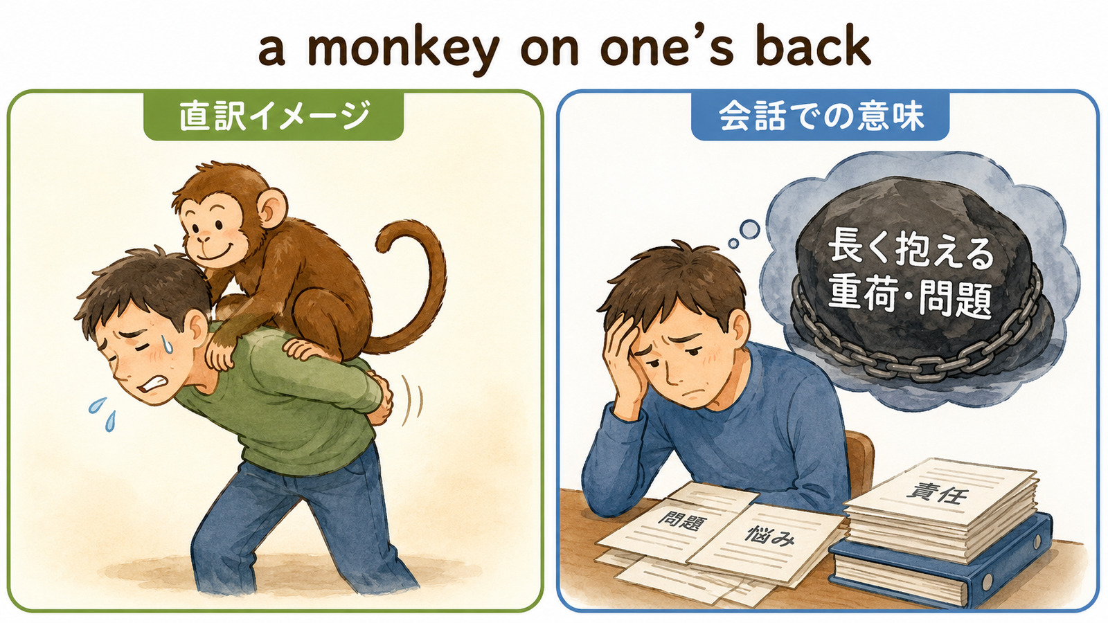 a monkey on one’s backの直訳イメージと「長期間抱え続ける重荷・離れにくい問題」のニュアンスを比較する解説イラスト