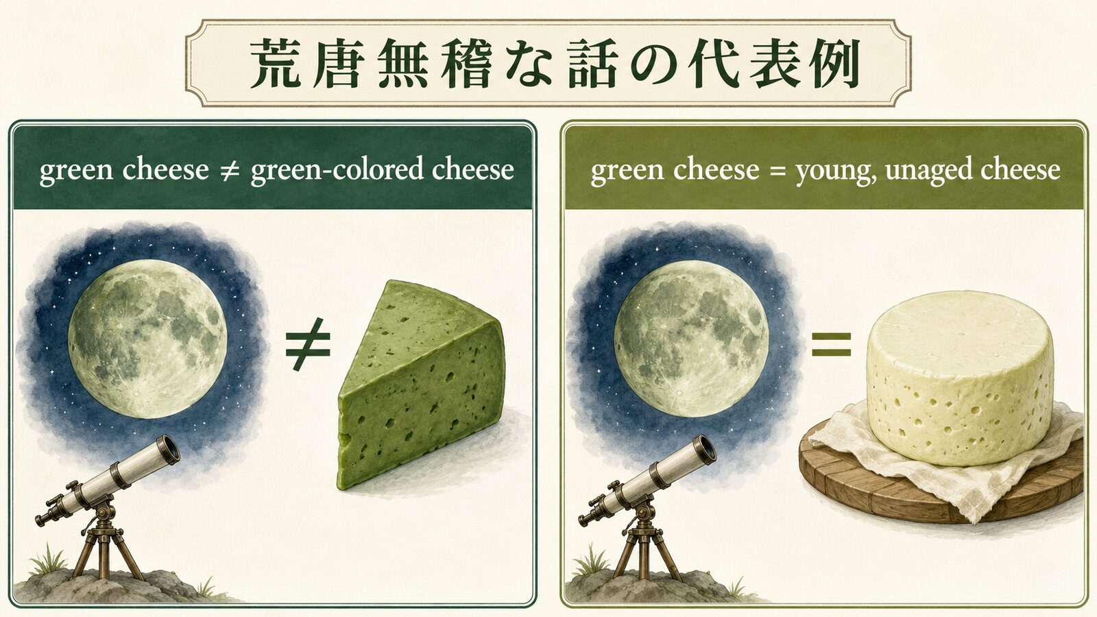 The Moon is made of green cheese.の直訳と実際のニュアンスを比較した解説イラスト