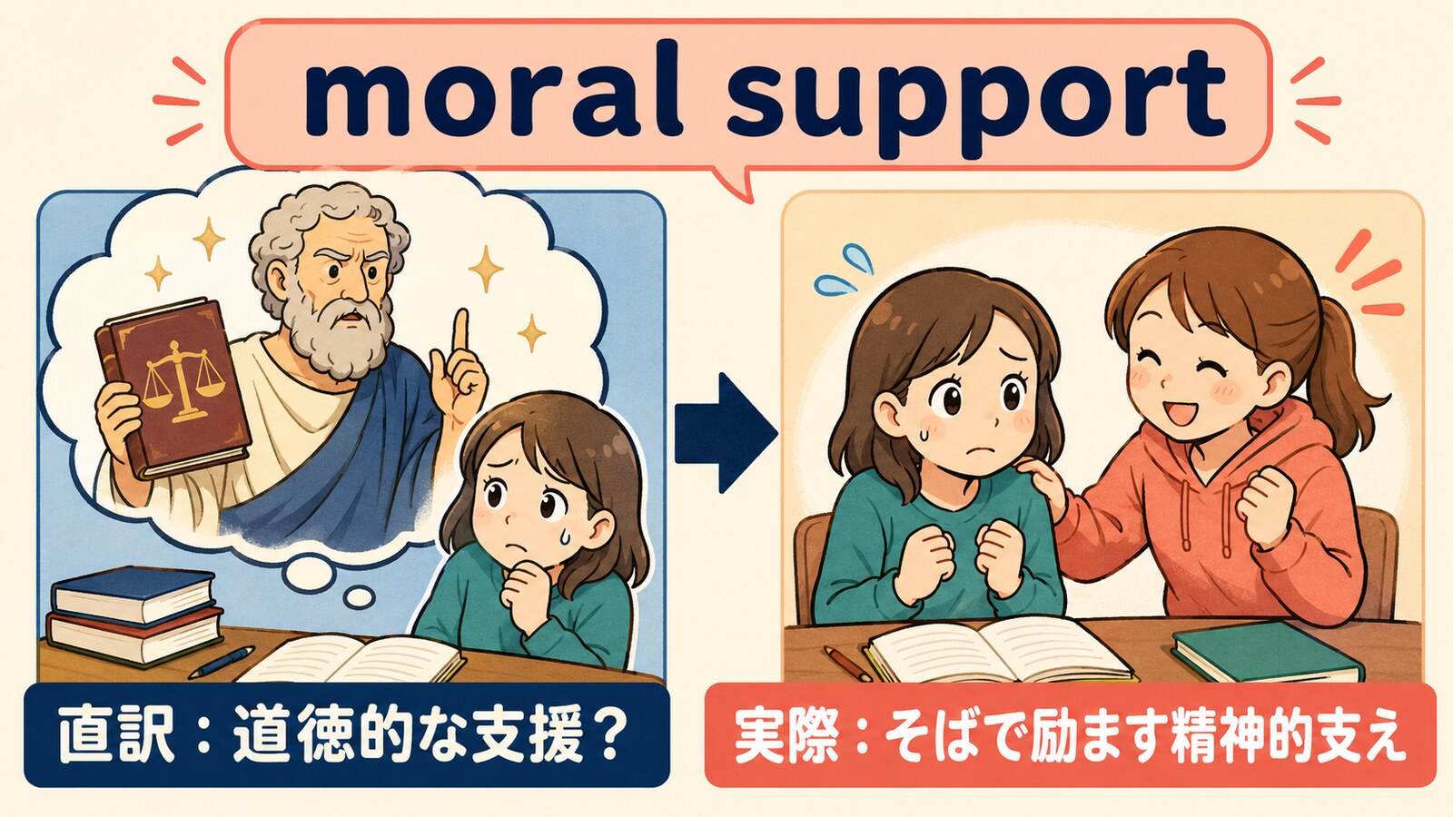 moral supportの直訳と実際の意味を比較したイラスト