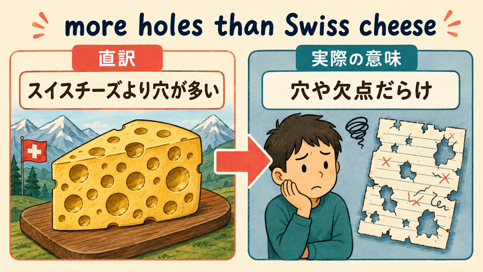 more holes than Swiss cheeseの直訳と実際の意味を比較する解説イラスト