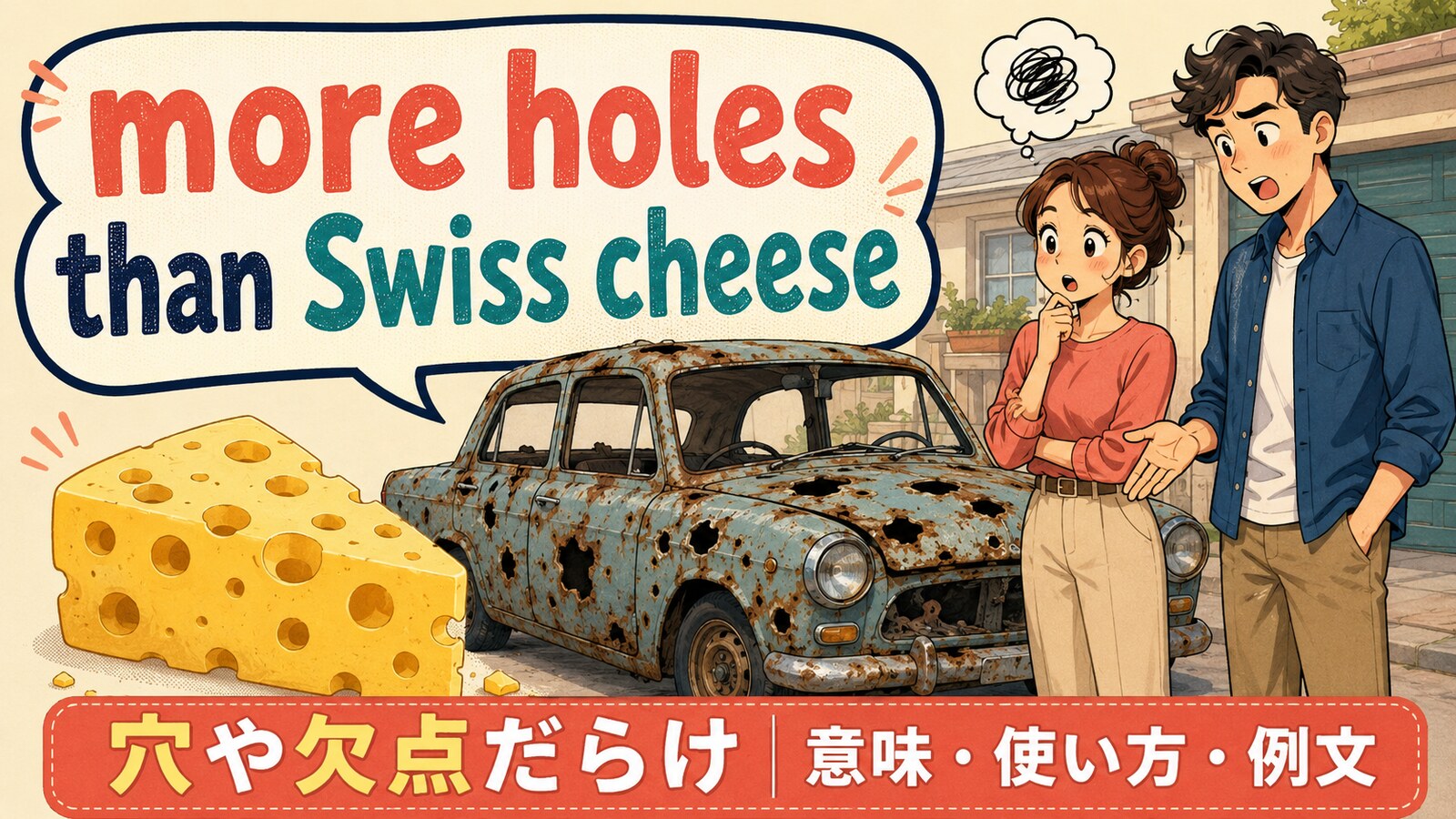 more holes than Swiss cheeseの意味・使い方・例文を紹介するアイキャッチ画像