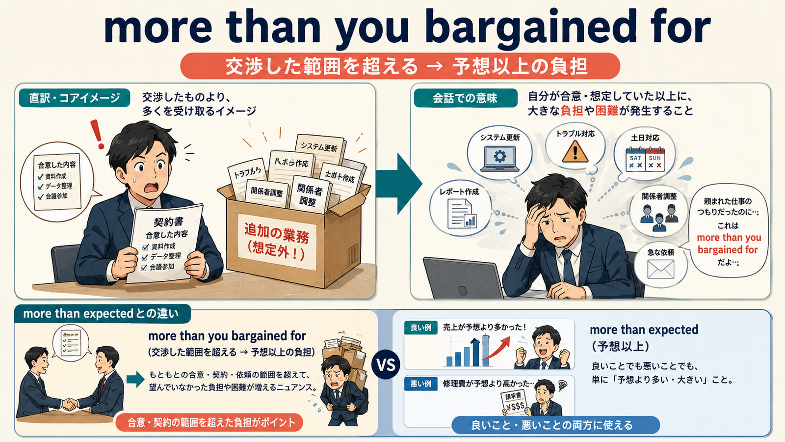 more than you bargained forの直訳イメージと会話での意味を比較する解説イラスト