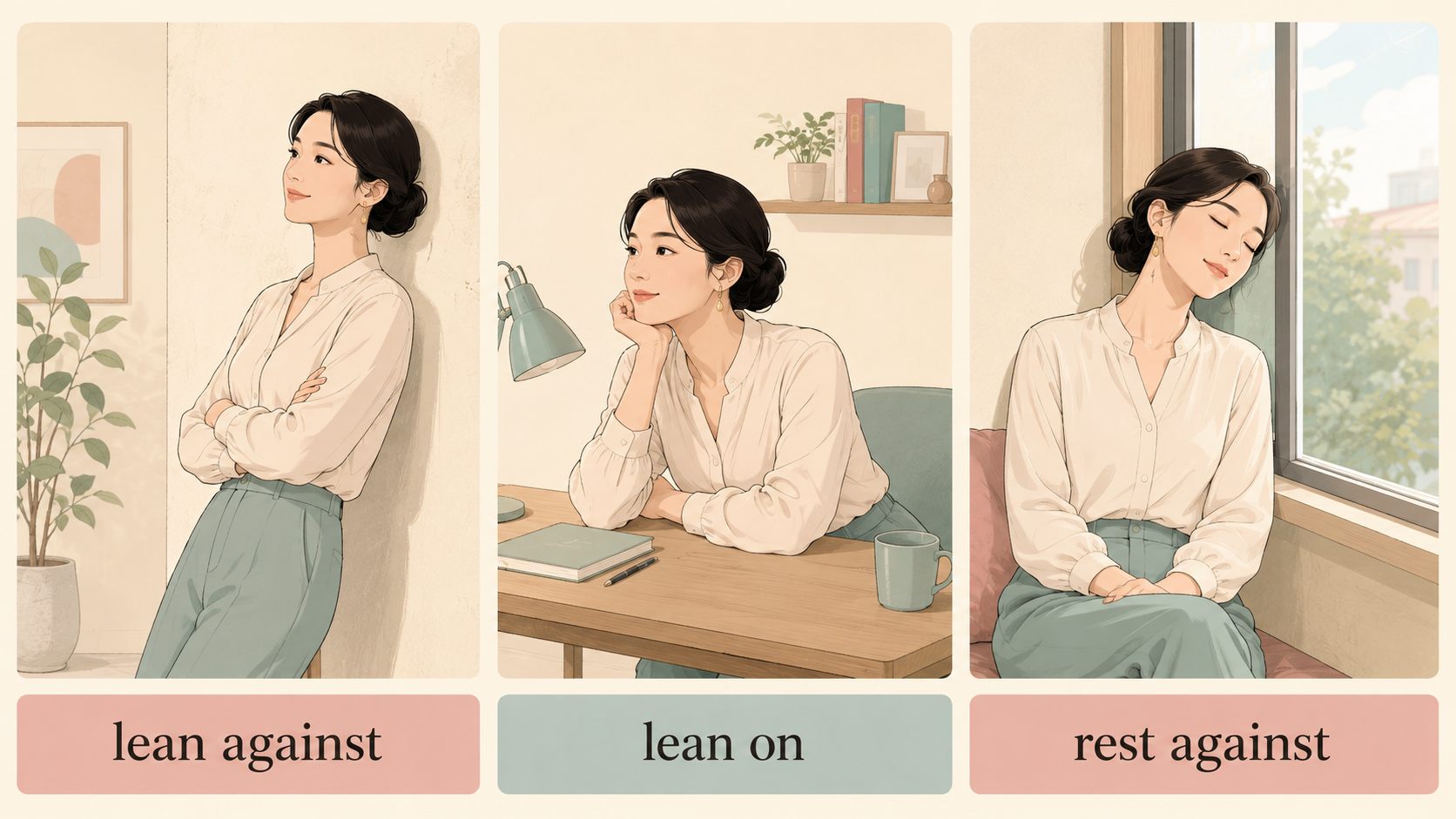 lean against・lean on・rest againstの違いを示す比較イラスト