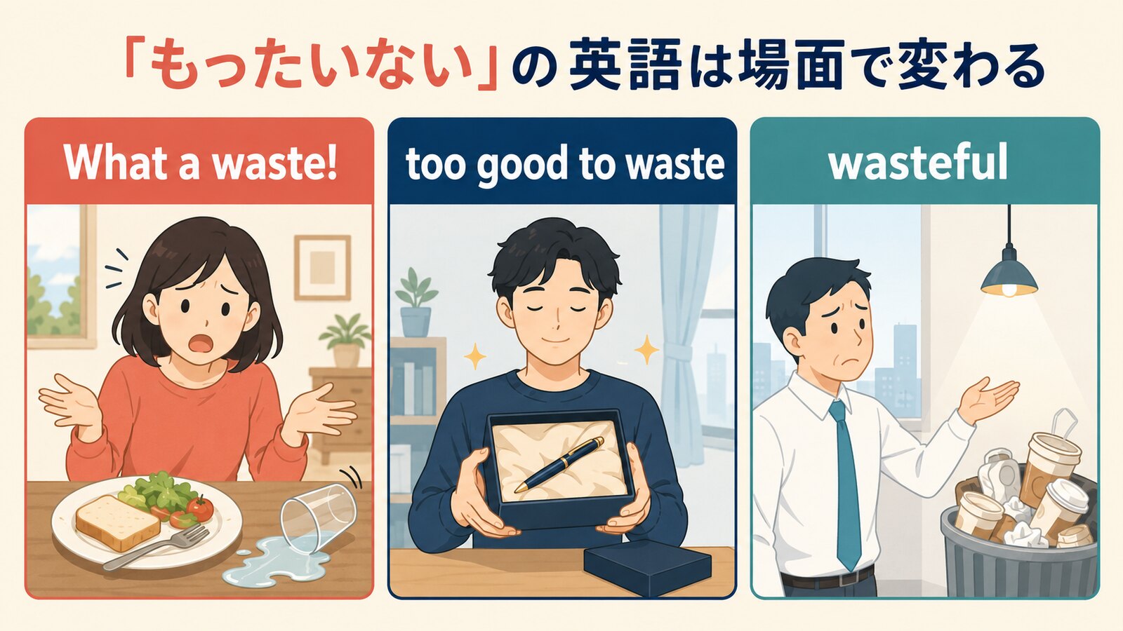 「もったいない」を表す英語の使い分け図