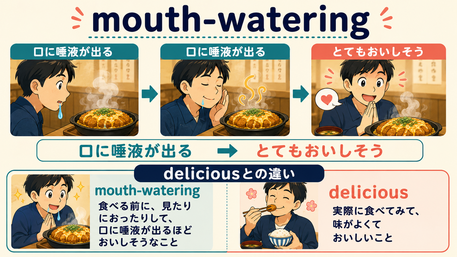 mouth-wateringの直訳イメージと会話での意味を比較する解説イラスト