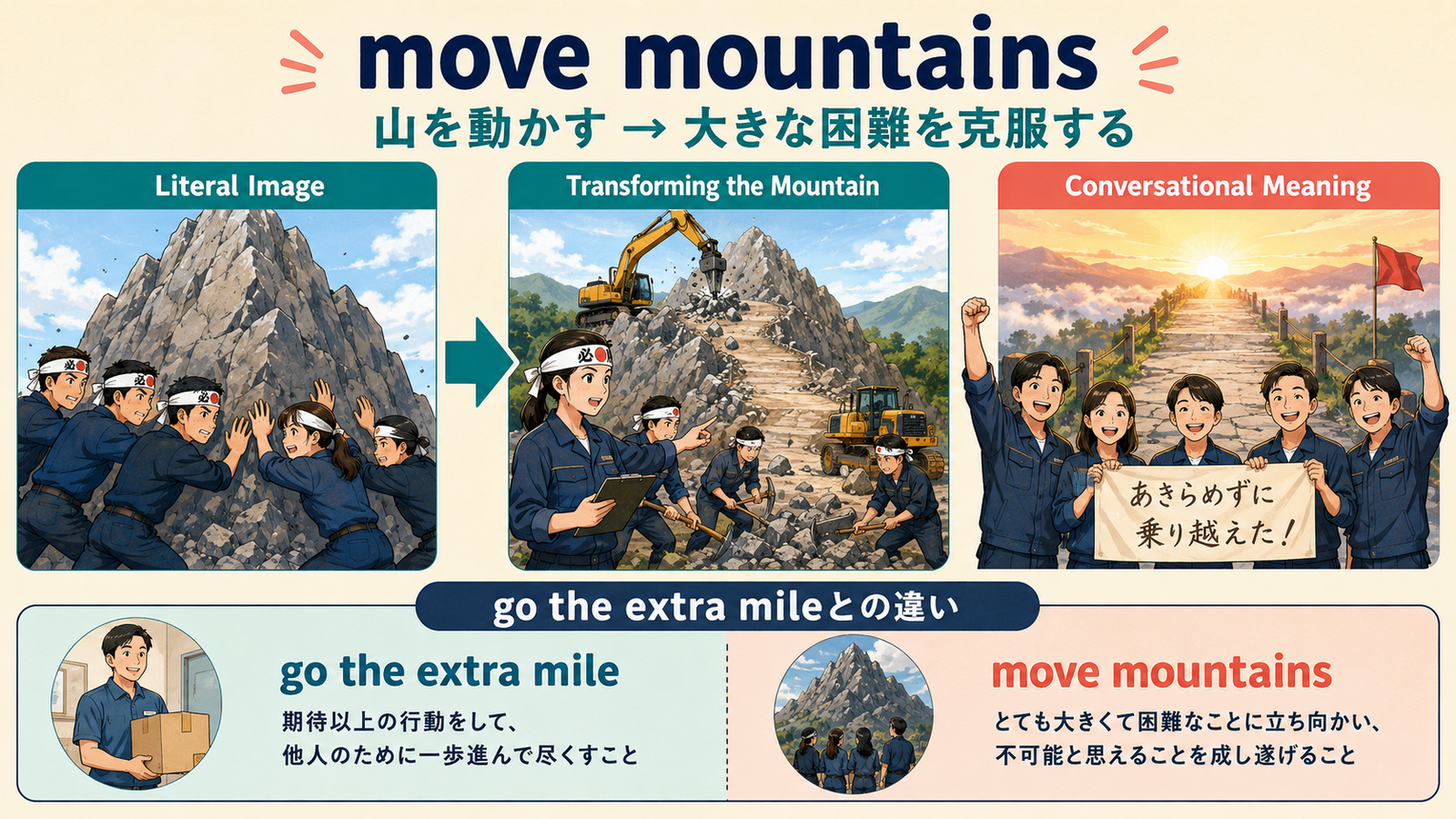 move mountainsの直訳イメージと会話での意味を比較する解説イラスト