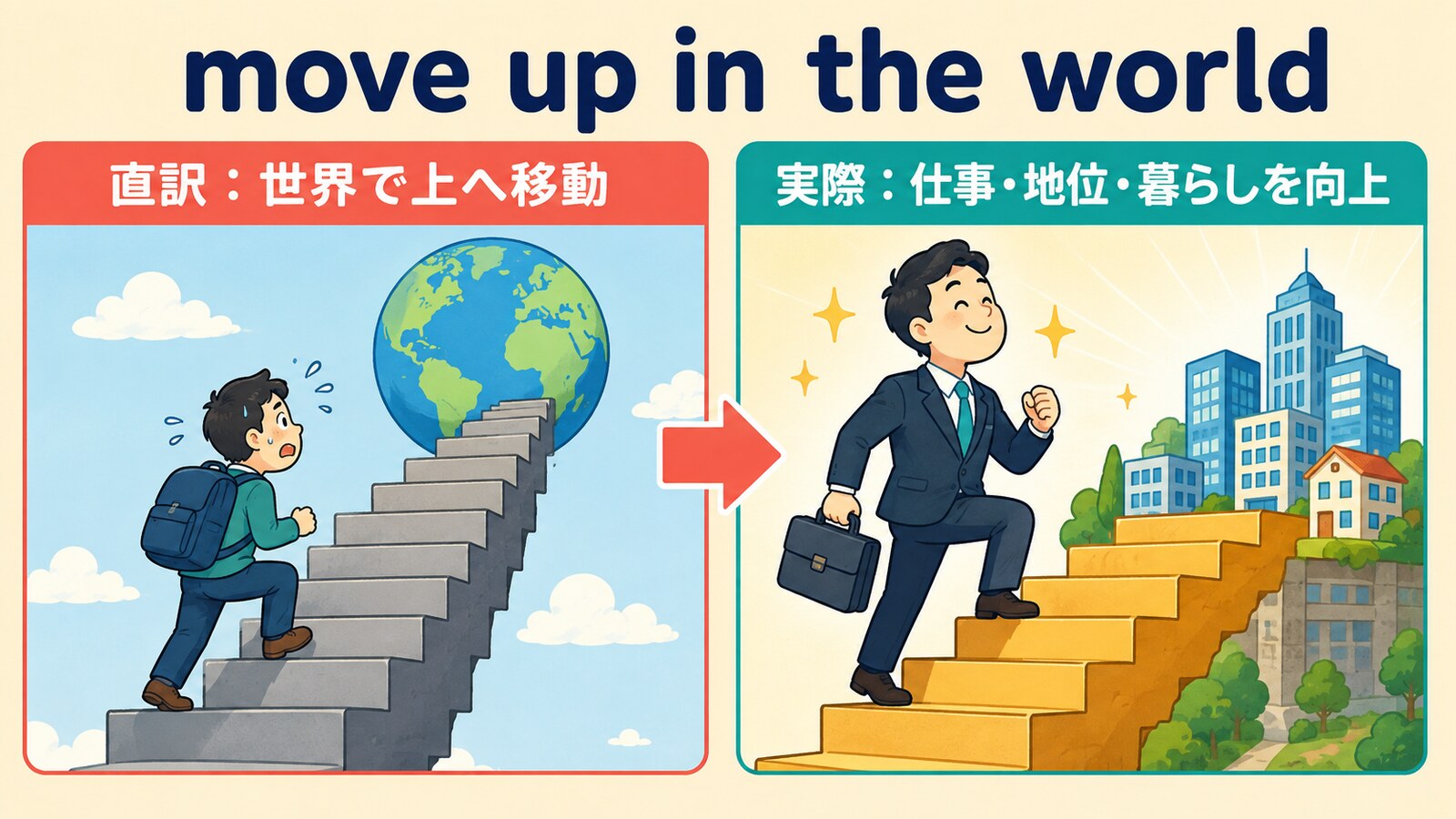 move up in the worldの直訳と実際の意味を比較したイラスト