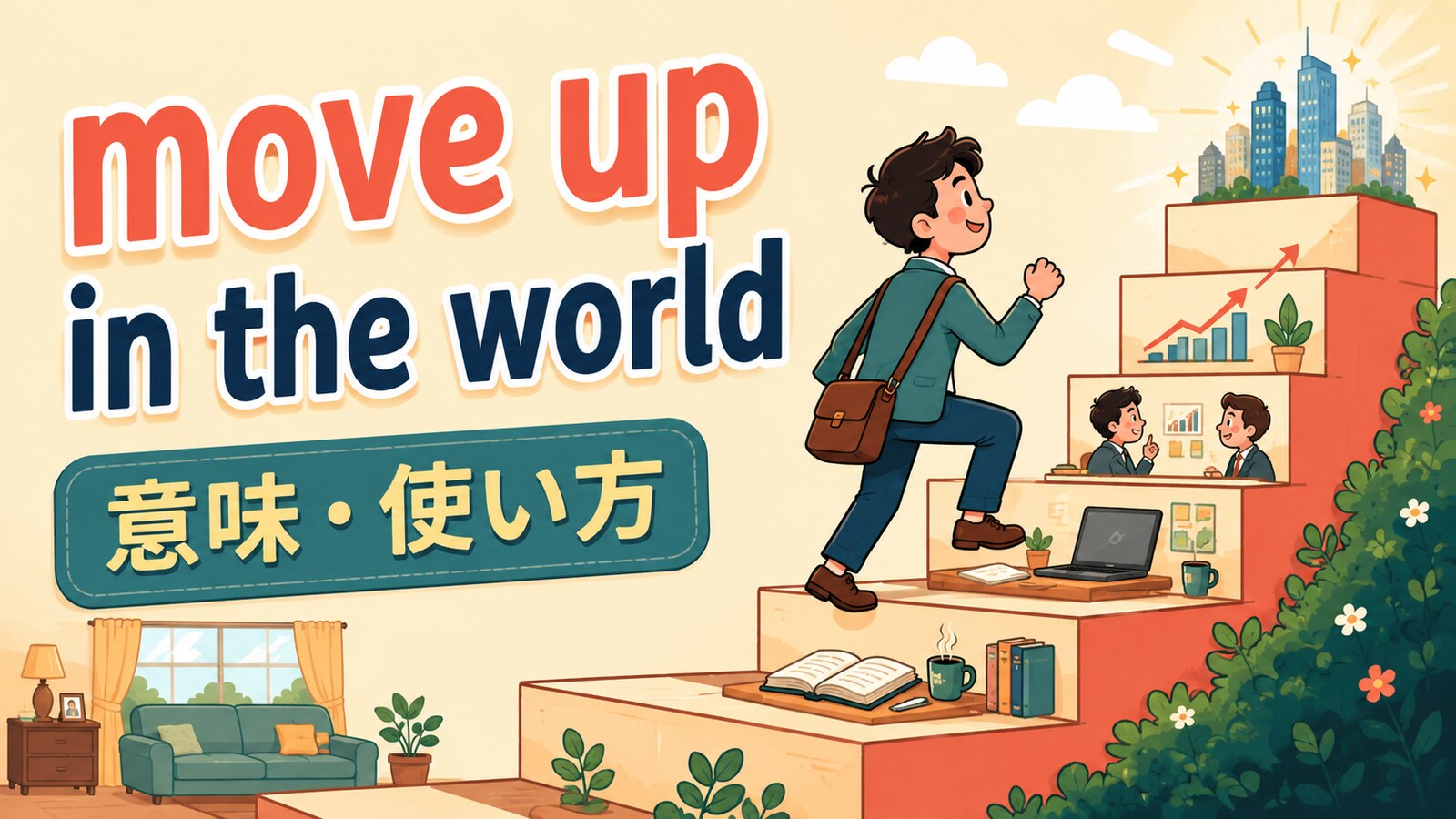 move up in the worldの意味・使い方を解説するアイキャッチ画像