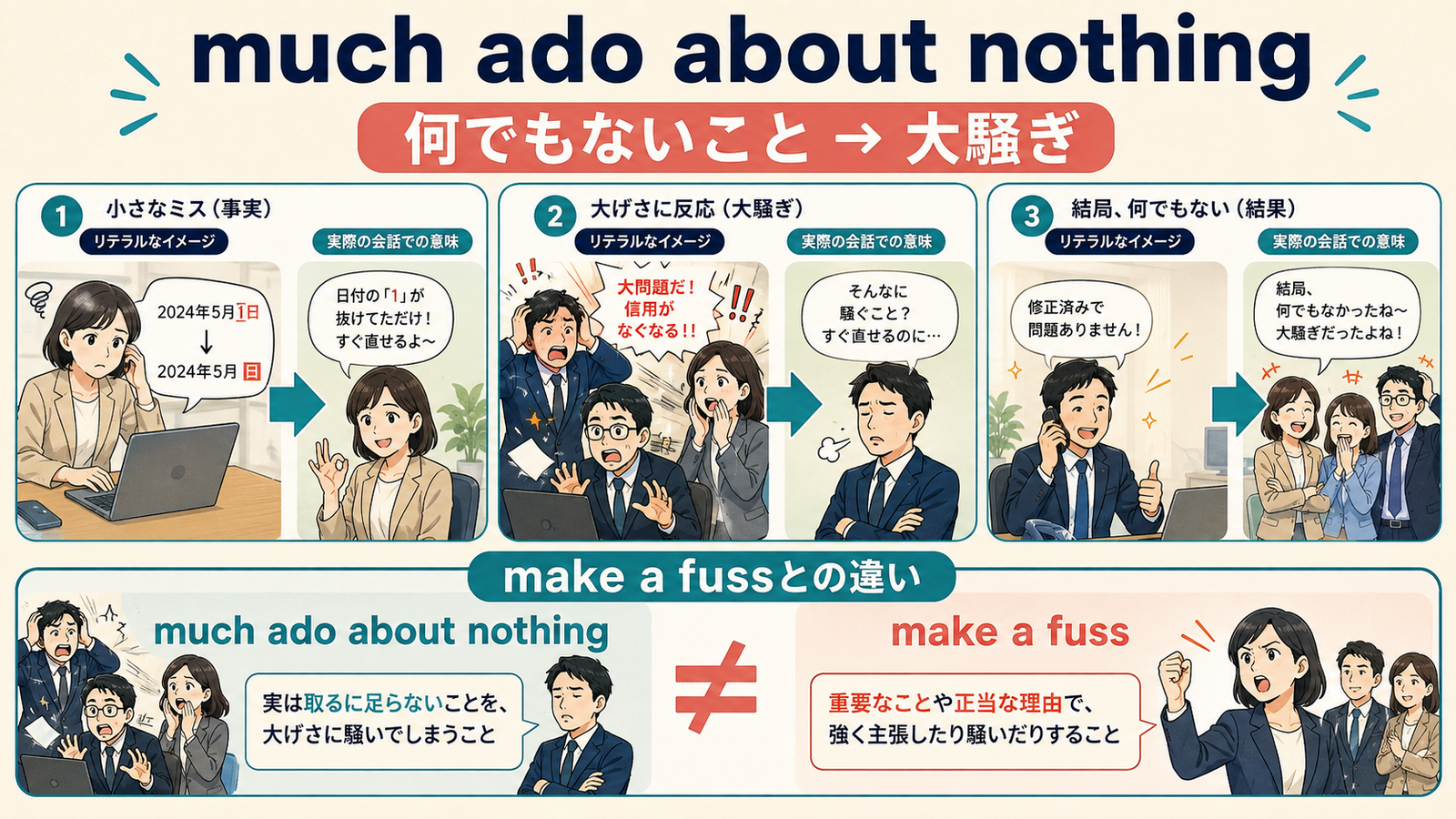 much ado about nothingの意味は？「つまらないことで大騒ぎすること」の使い方・ニュアンスと例文