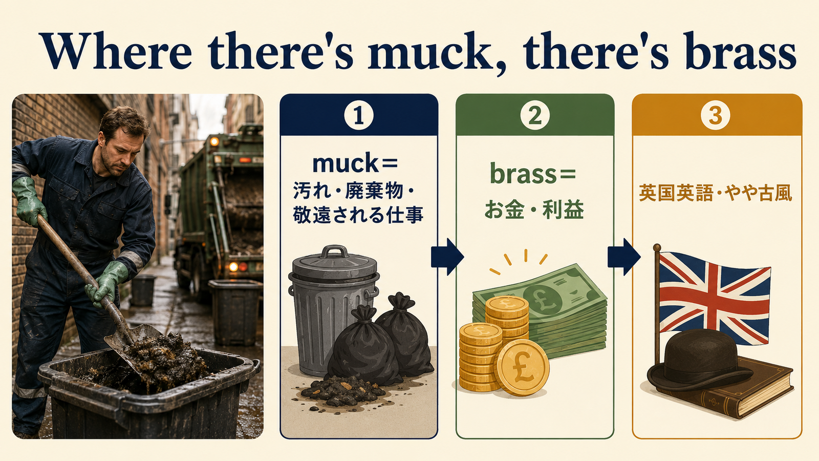 Where there's muck, there's brassの直訳・実際の意味・注意点を比較する解説図