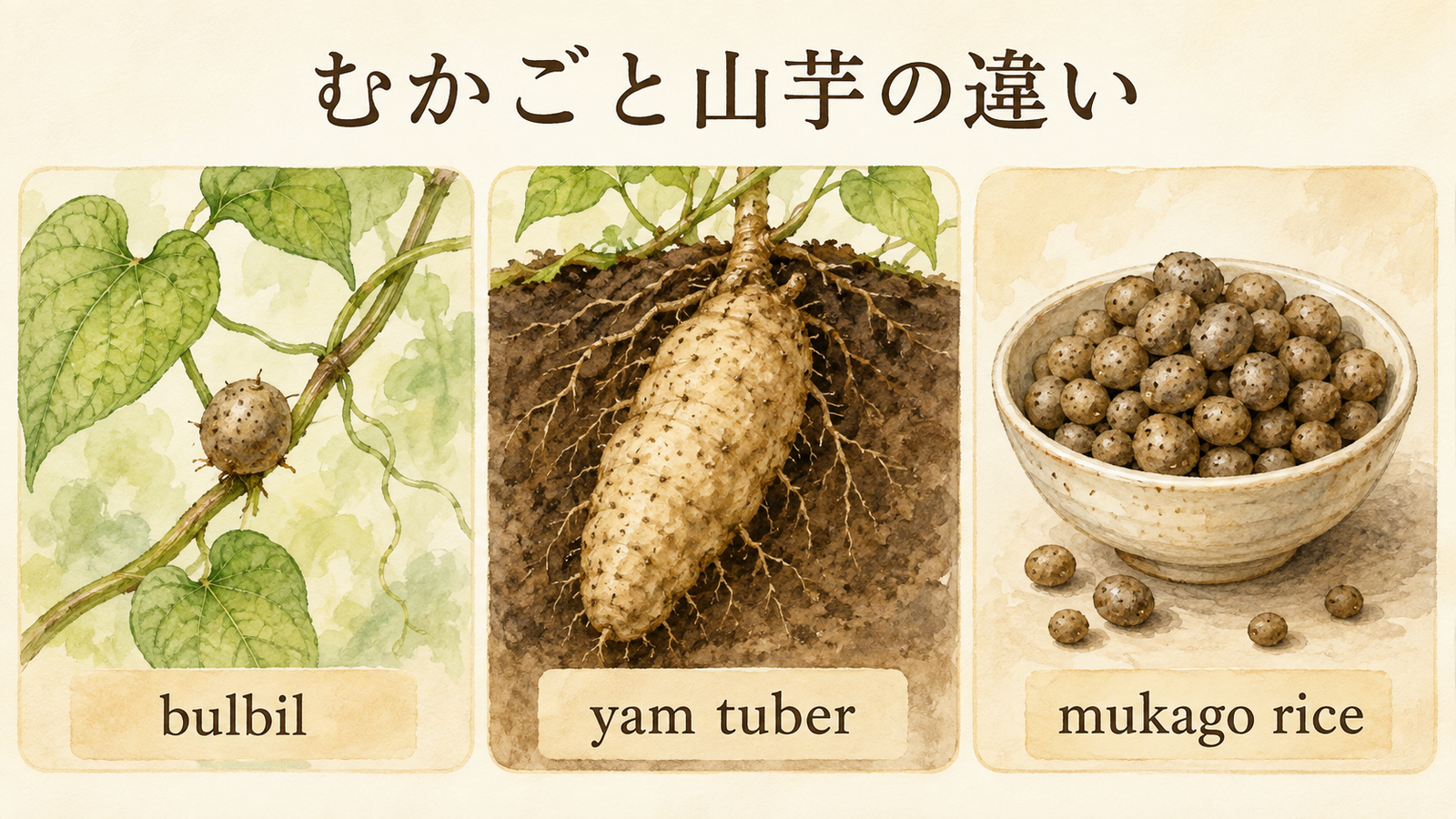 むかごと似た食材の英語名を比較した解説イラスト