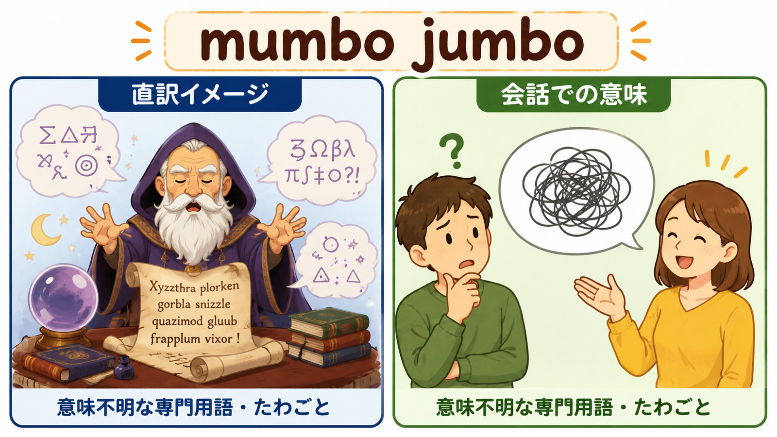 mumbo jumboの直訳イメージと「意味不明な話・わけの分からない専門用語」のニュアンスを比較する解説イラスト