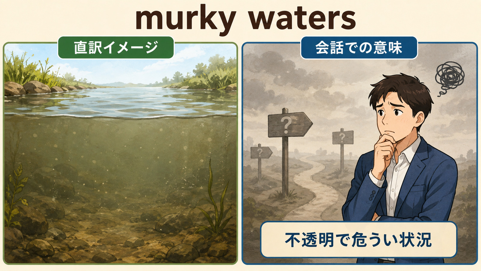 murky watersの直訳イメージと「不透明で複雑な状況・危うい領域」のニュアンスを比較する解説イラスト