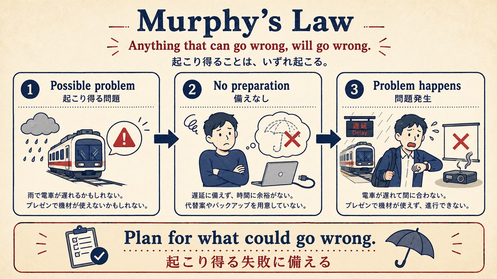 If anything can go wrong, it willの直訳と実際のニュアンスを説明する図解