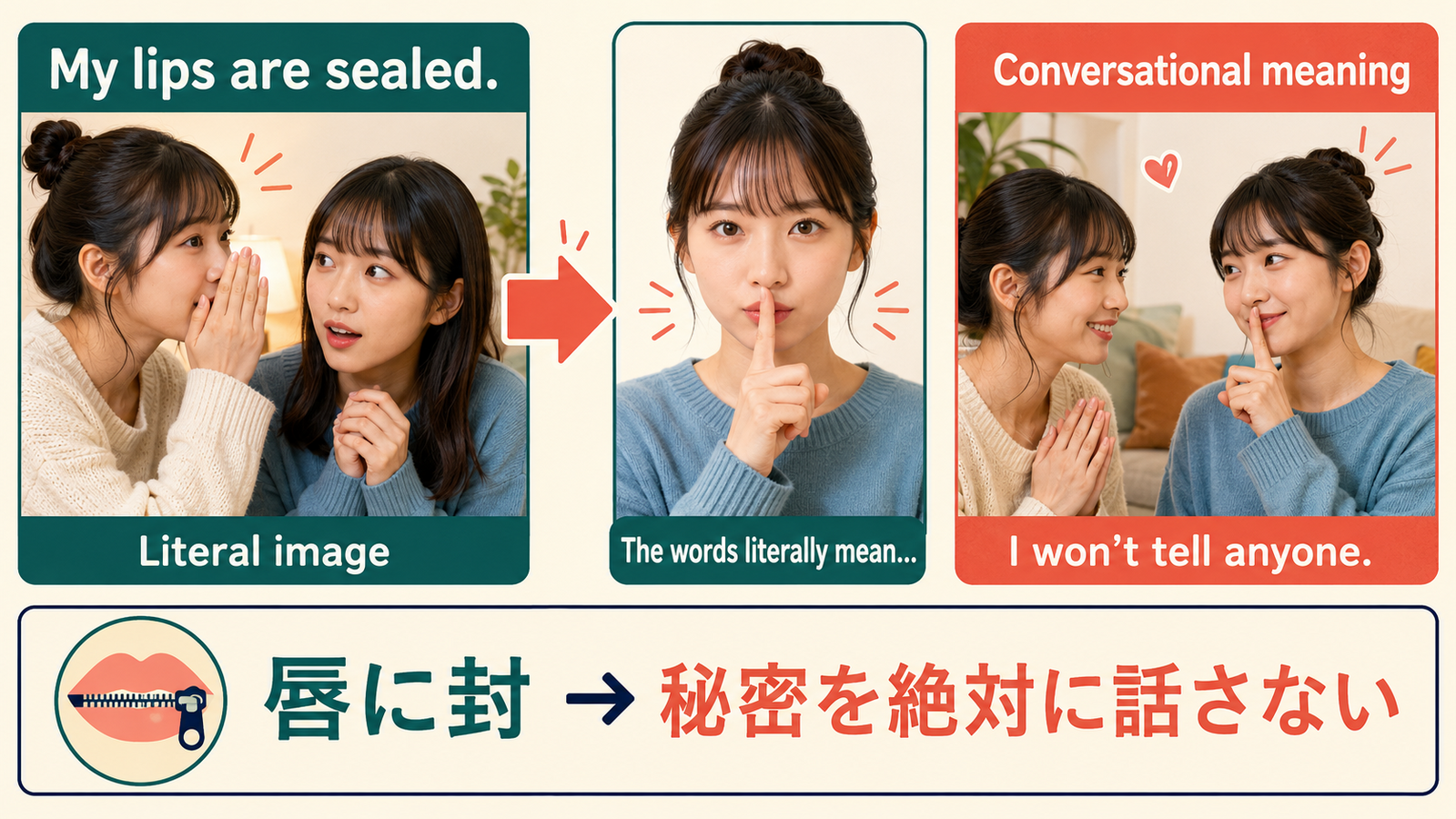 My lips are sealed.の直訳イメージと会話での意味を比較する解説イラスト