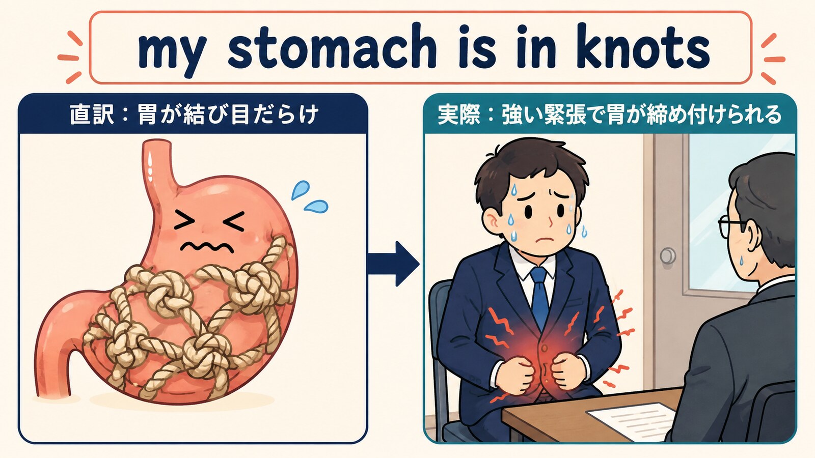 my stomach is in knotsの直訳と実際の意味を比較したイラスト