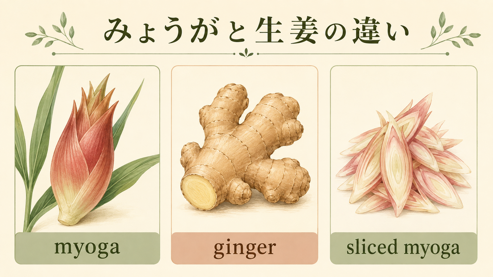 myoga、ginger、sliced myogaの違いを示す教材イラスト