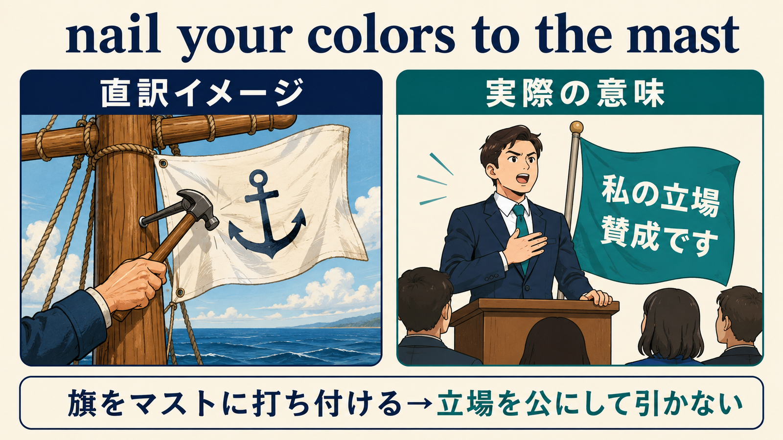 nail your colors to the mastの直訳イメージと実際の意味を比較した図解