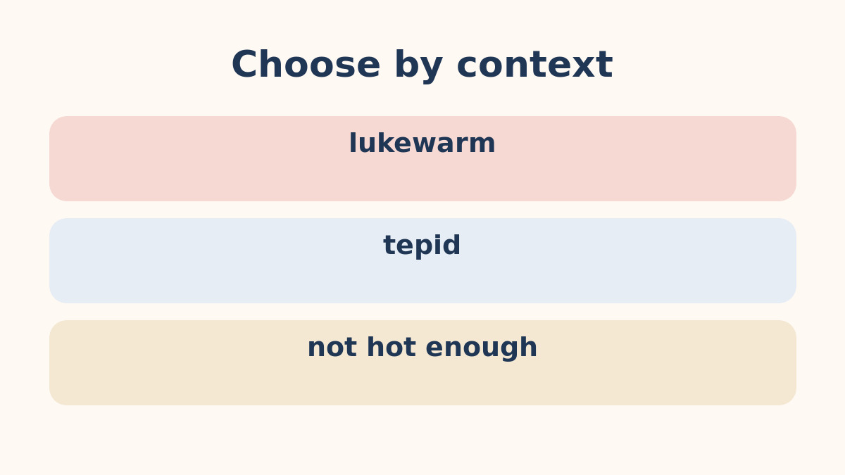 lukewarm・tepid・not hot enoughの違いを示す比較図