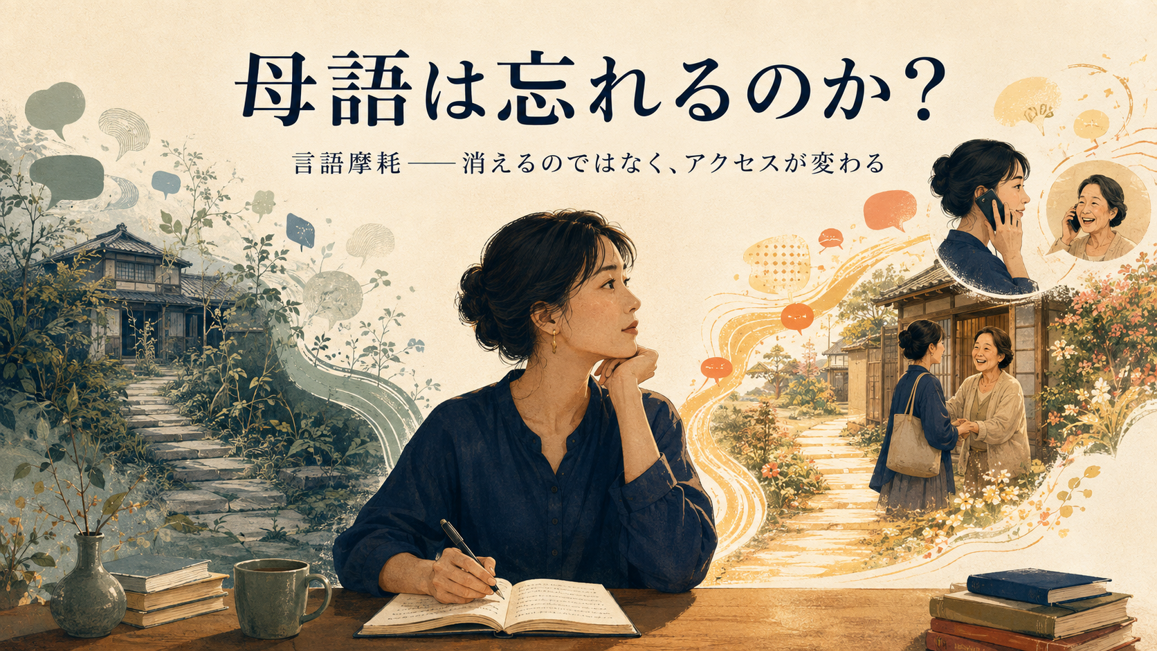 母語への道が使用減少で細くなり、家族との会話と帰国で再び開く様子