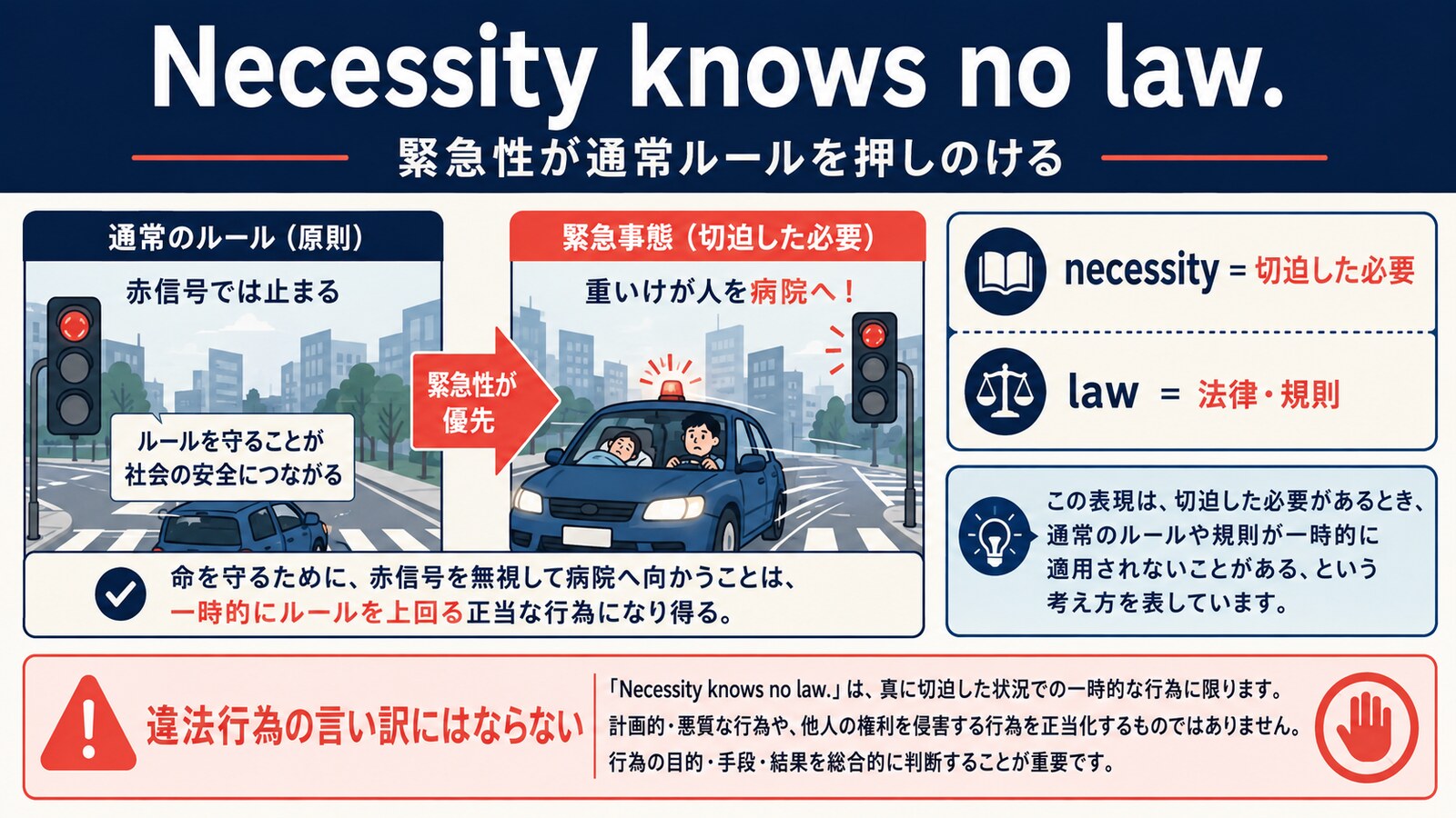 Necessity knows no law.の直訳と実際の意味を説明するイラスト