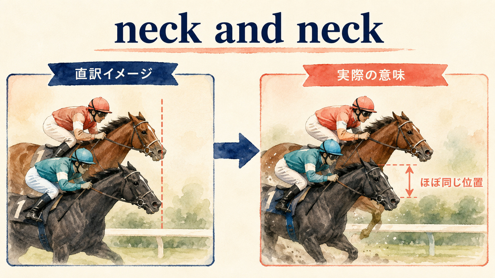 neck and neckの直訳イメージと実際の意味を比較する解説イラスト