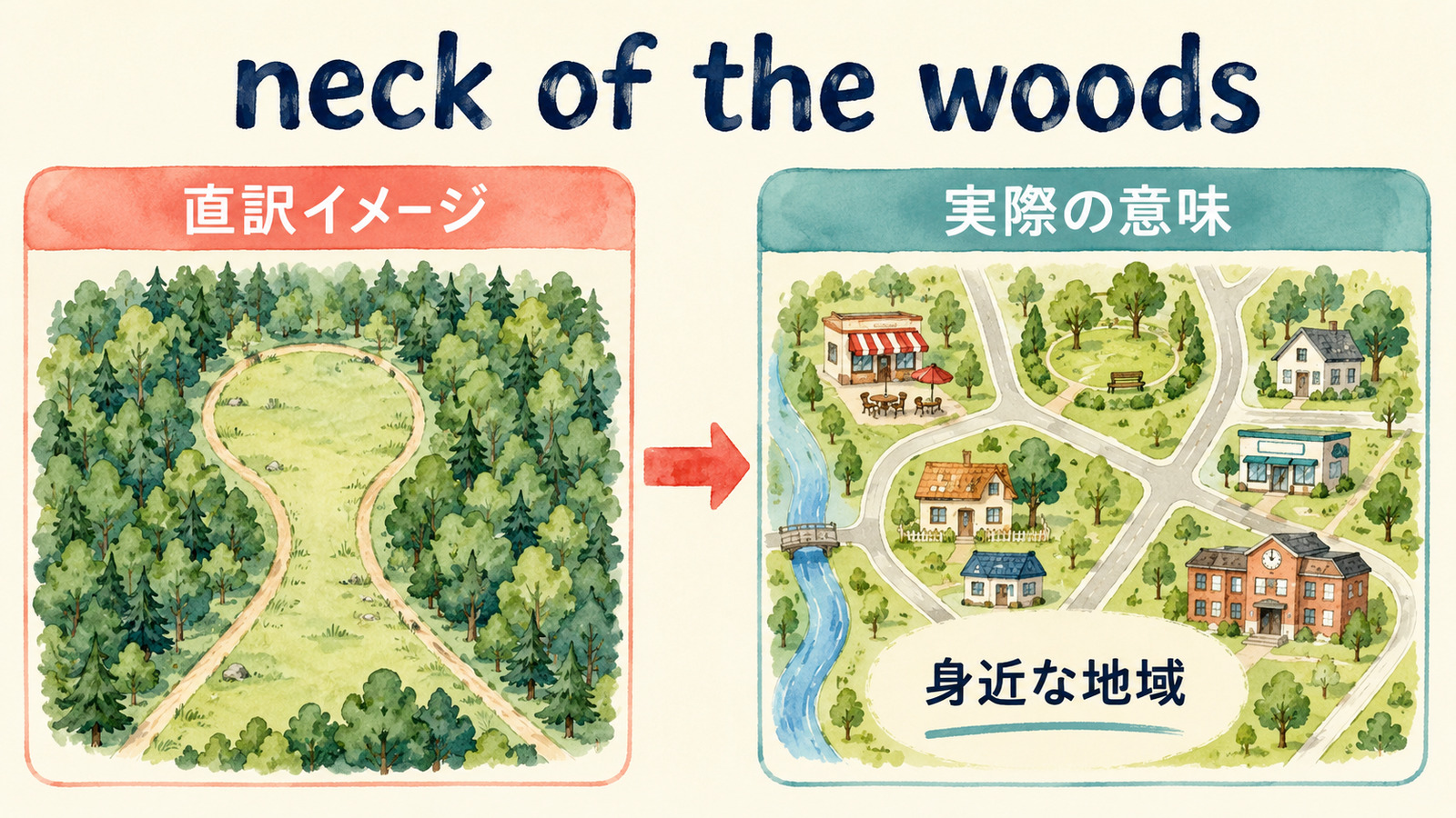 neck of the woodsの直訳イメージと実際の意味を比較する解説イラスト